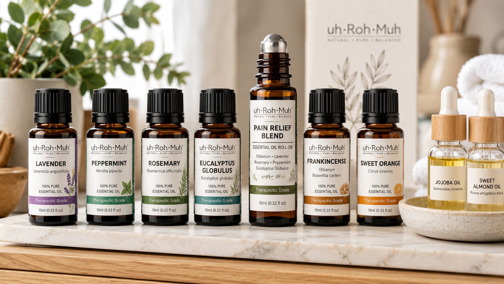 Premium collection of 100% pure essential oils featuring the Pain Relief Blend