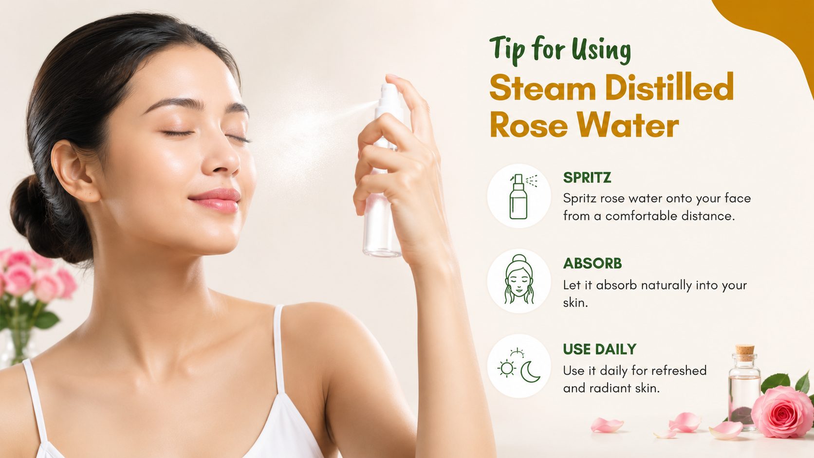 Woman gently spraying rose water facial mist onto her face as part of a daily skincare routine.