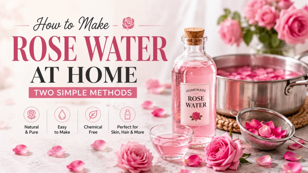Homemade rose water in a glass bottle surrounded by fresh pink rose petals, a simmering pot, and DIY rose water-making tools.