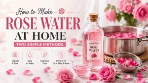 Homemade rose water in a glass bottle surrounded by fresh pink rose petals, a simmering pot, and DIY rose water-making tools.