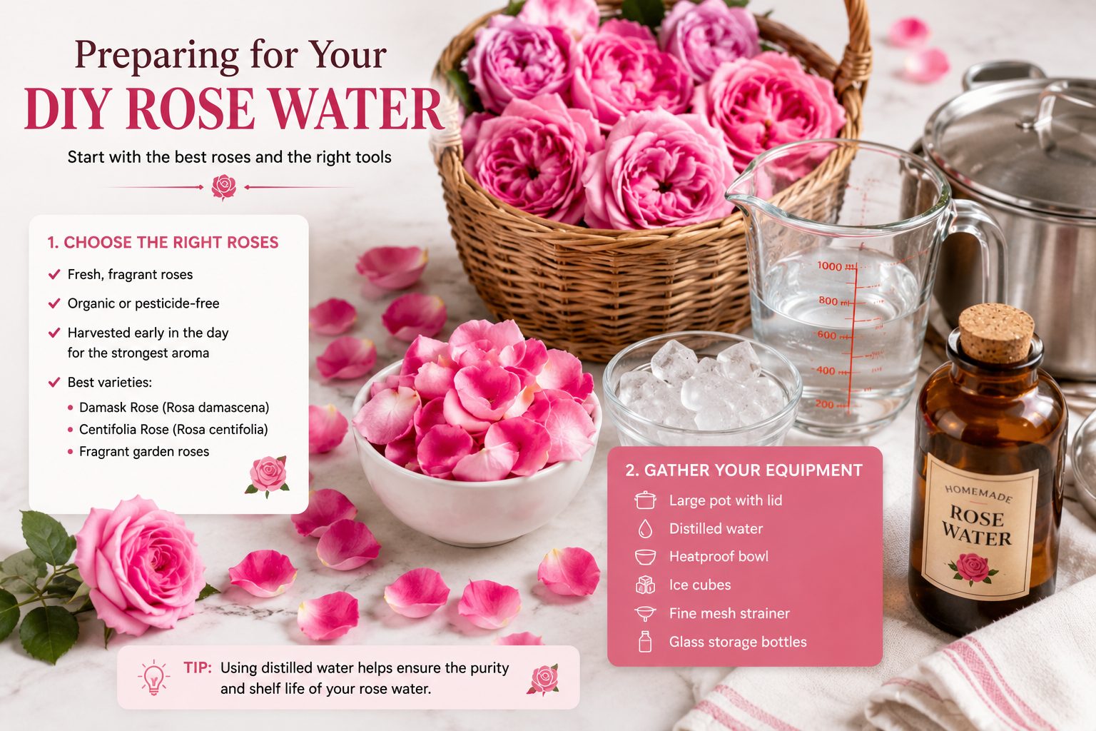 Fresh pink roses, rose petals, distilled water, pot, ice cubes, and glass bottles arranged for making homemade rose water.