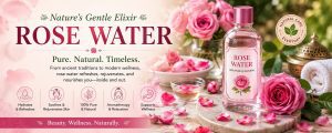 Premium rose water bottle surrounded by fresh pink rose petals, highlighting the natural beauty and wellness benefits of rose water
