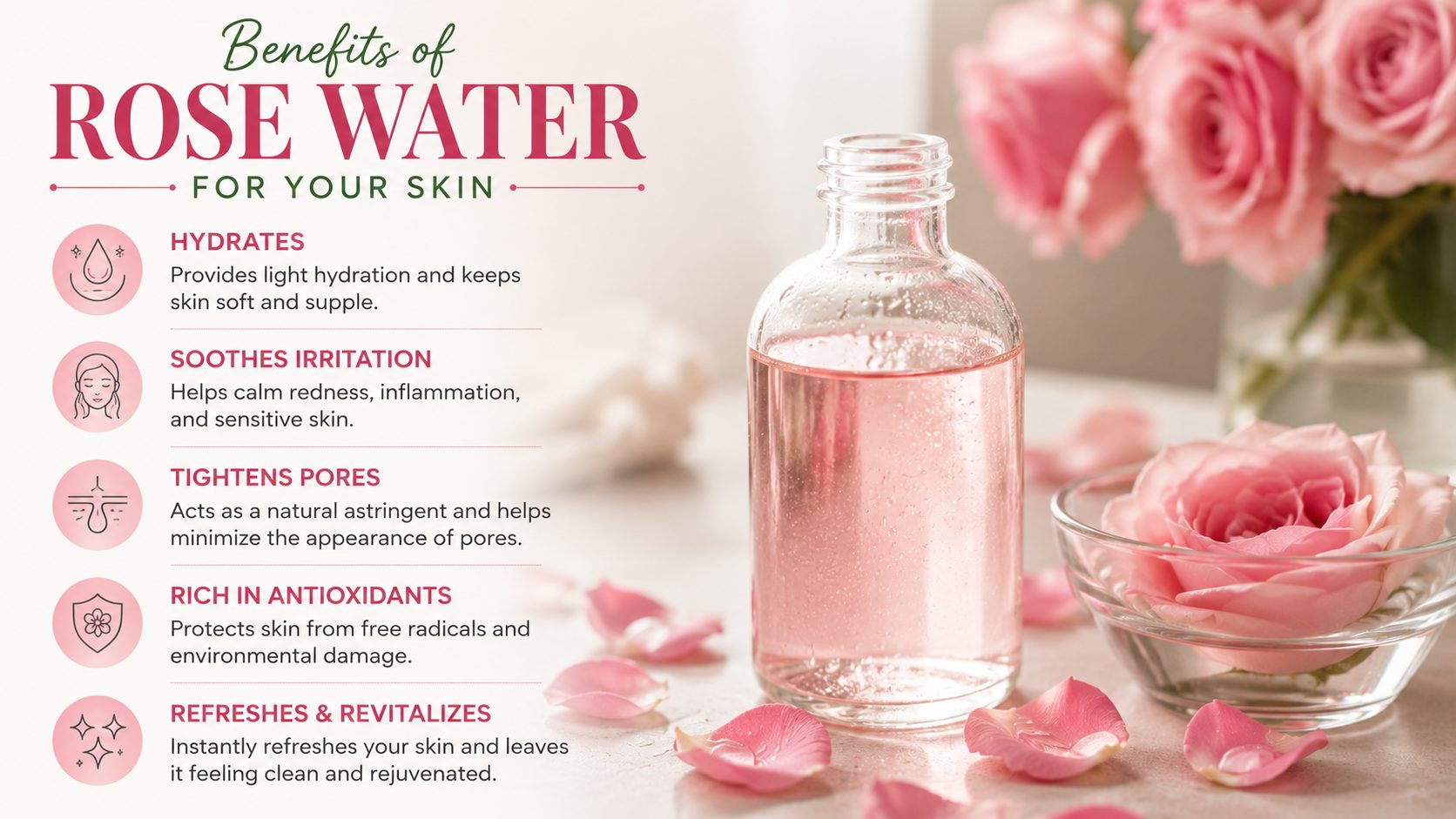 Bottle of rose water surrounded by fresh pink roses with infographic highlighting skincare benefits such as hydration, soothing irritation, and antioxidant protection.