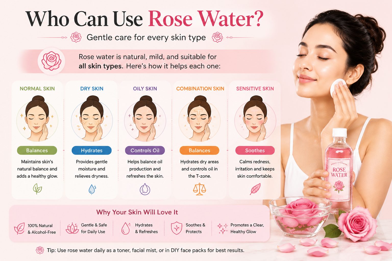 Infographic showing how rose water benefits normal, dry, oily, combination, and sensitive skin types.