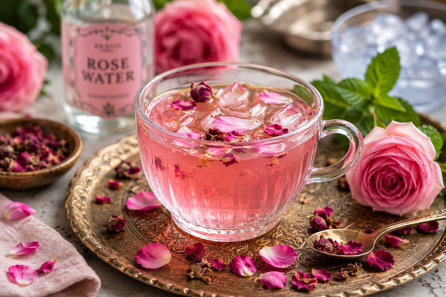 Glass cup of rose water beverage with rose petals, mint leaves, and decorative serving tray.