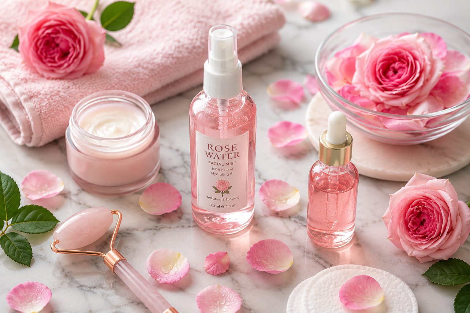 Rose water facial mist bottle with skincare products, rose petals, and spa accessories arranged on a marble surface.