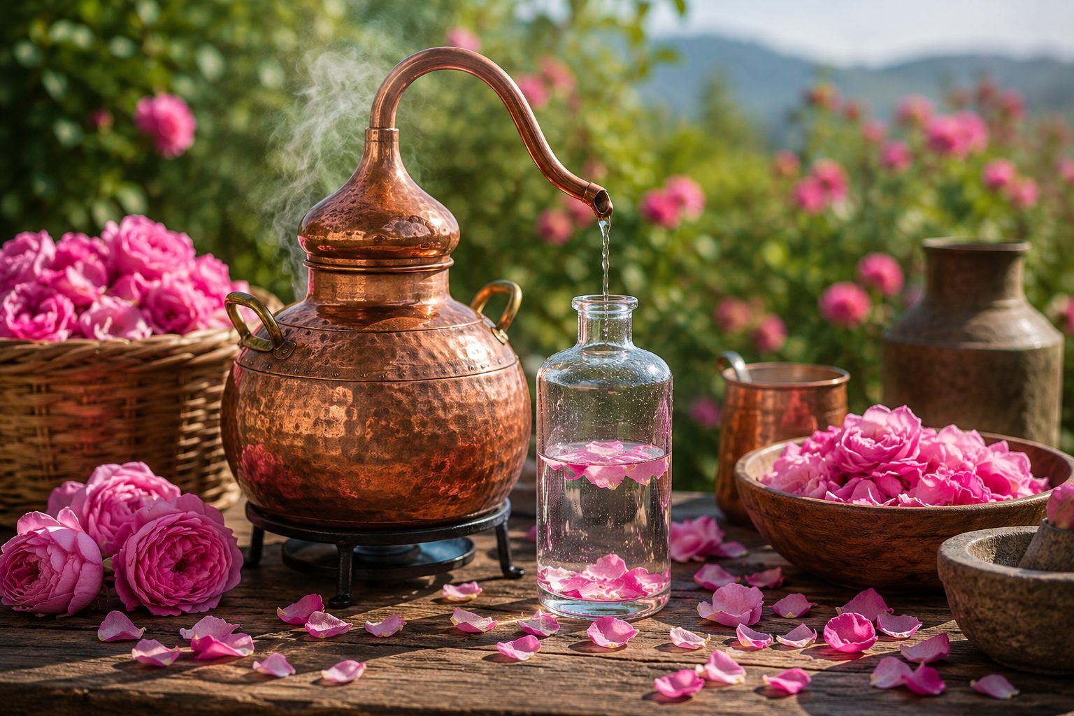 Traditional copper distillation equipment surrounded by fresh pink rose petals used to produce natural rose water.