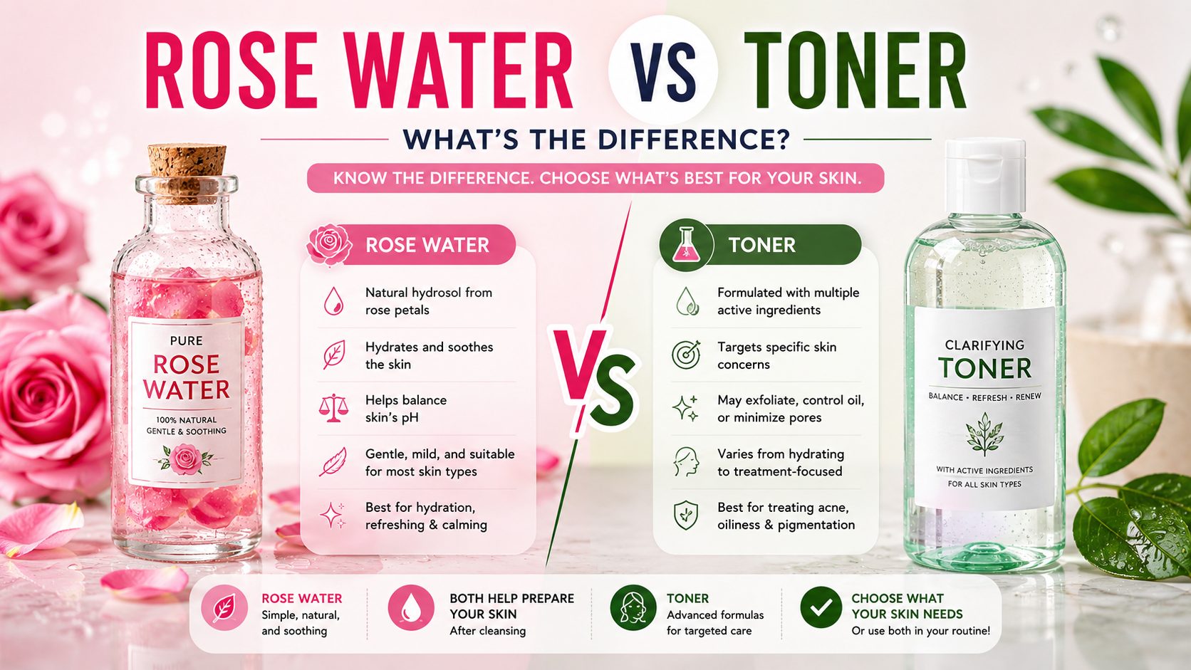 Rose water vs toner skincare comparison