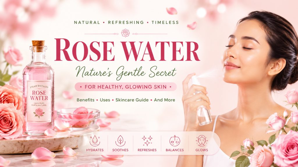 Woman applying rose water facial mist with glowing skin beside a bottle of rose water and fresh pink roses.
