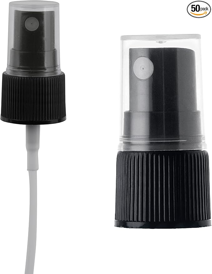 20-410 Black Ribbed Skirt Fine Mist Sprayer (Fingertip Pump Spray Cap with Clear Overcap and Dip Tube)