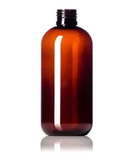 Amber PET boston round bottle with 24-410 neck finish