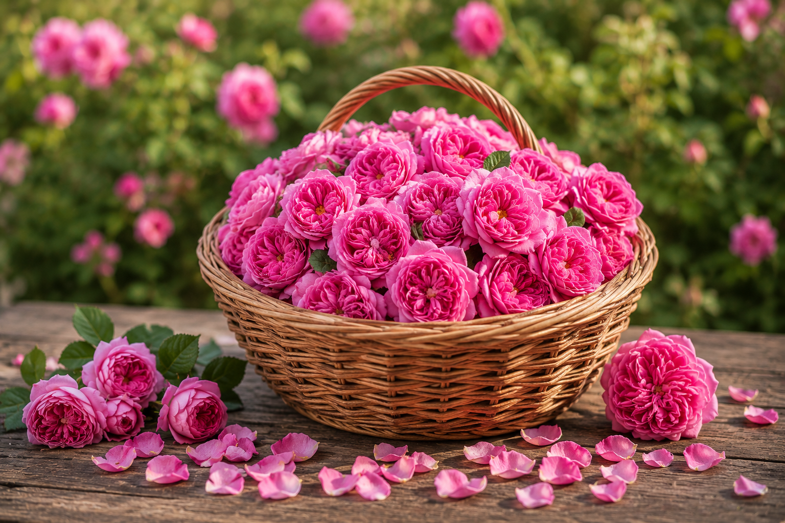 Basket filled with freshly picked pink roses in a garden, ready for rose water production.