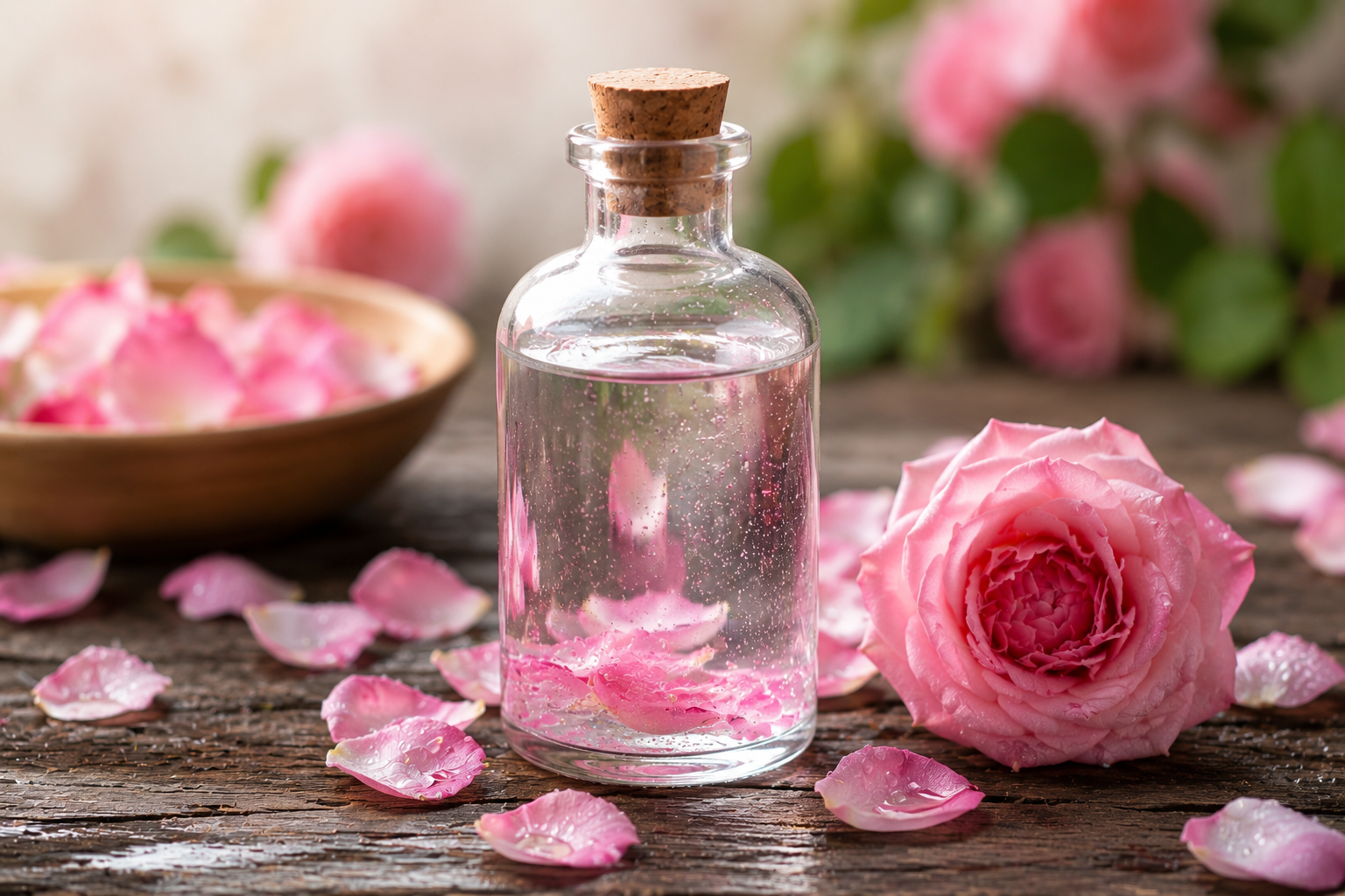 Clear glass bottle filled with rose water surrounded by fresh pink rose petals on a rustic wooden surface.