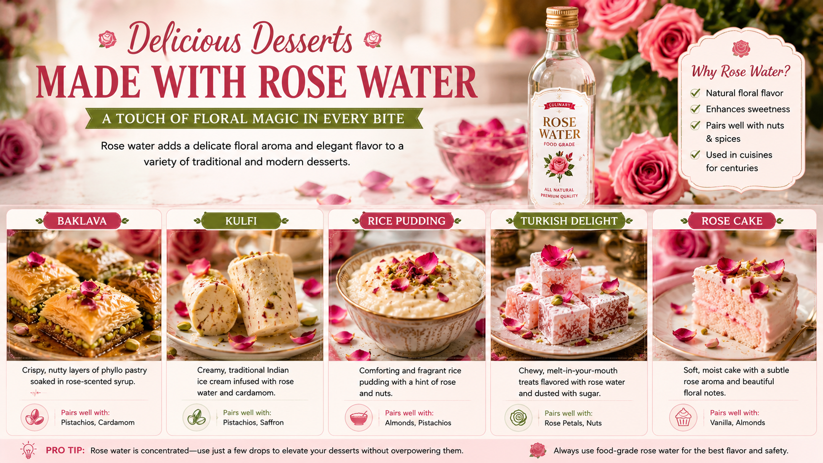 Delicious desserts with rose water