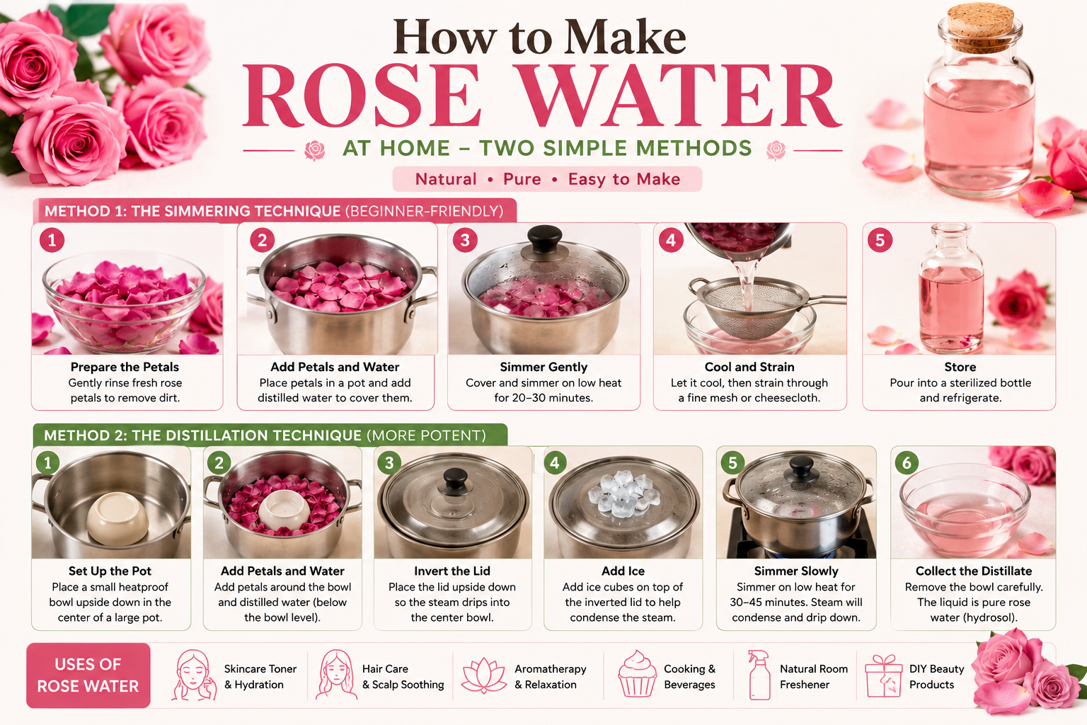 Infographic showing step-by-step instructions for making rose water at home using simmering and distillation methods with fresh rose petals.