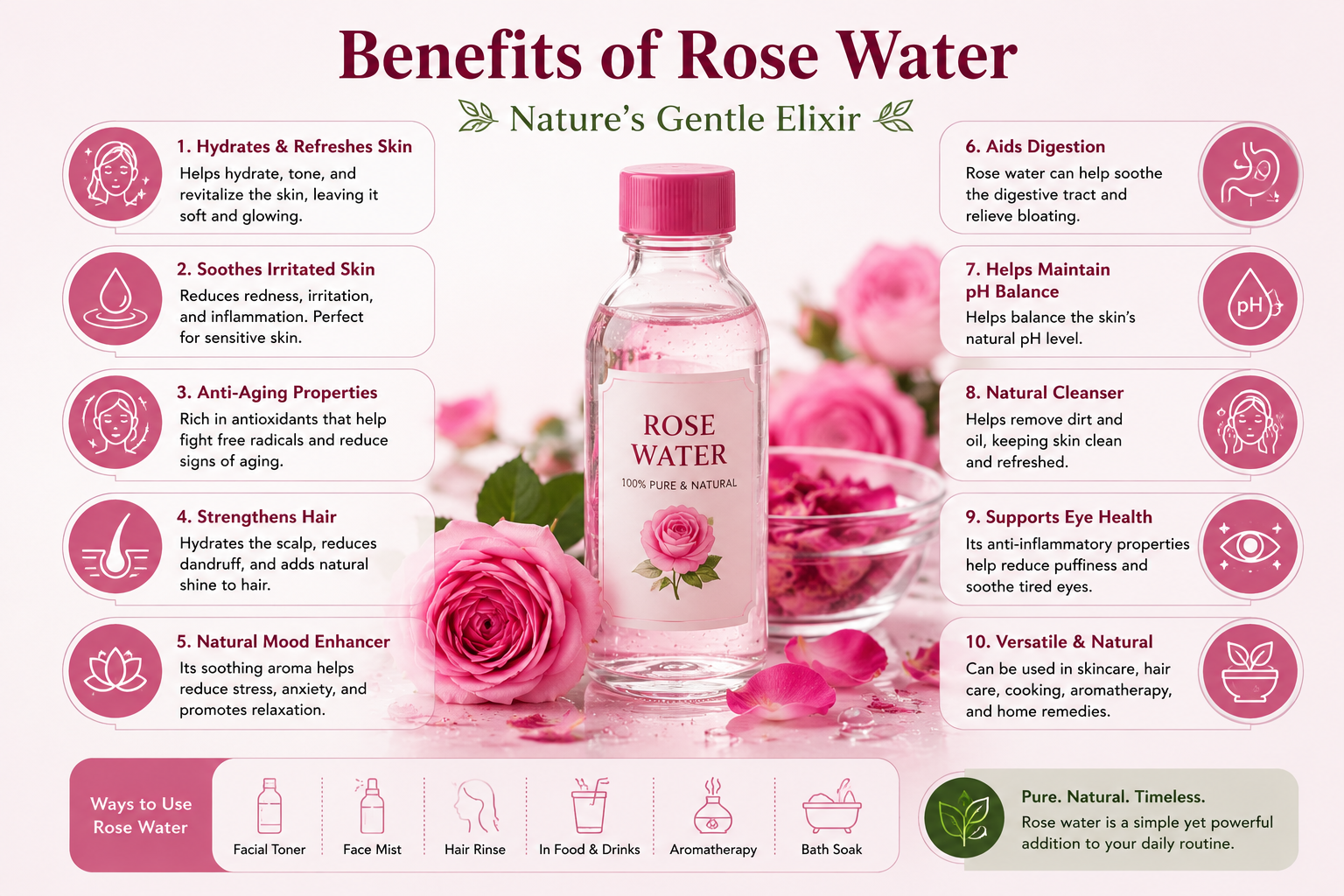 Infographic illustrating the main benefits of rose water, including hydration, soothing properties, skincare support, and aromatherapy uses.