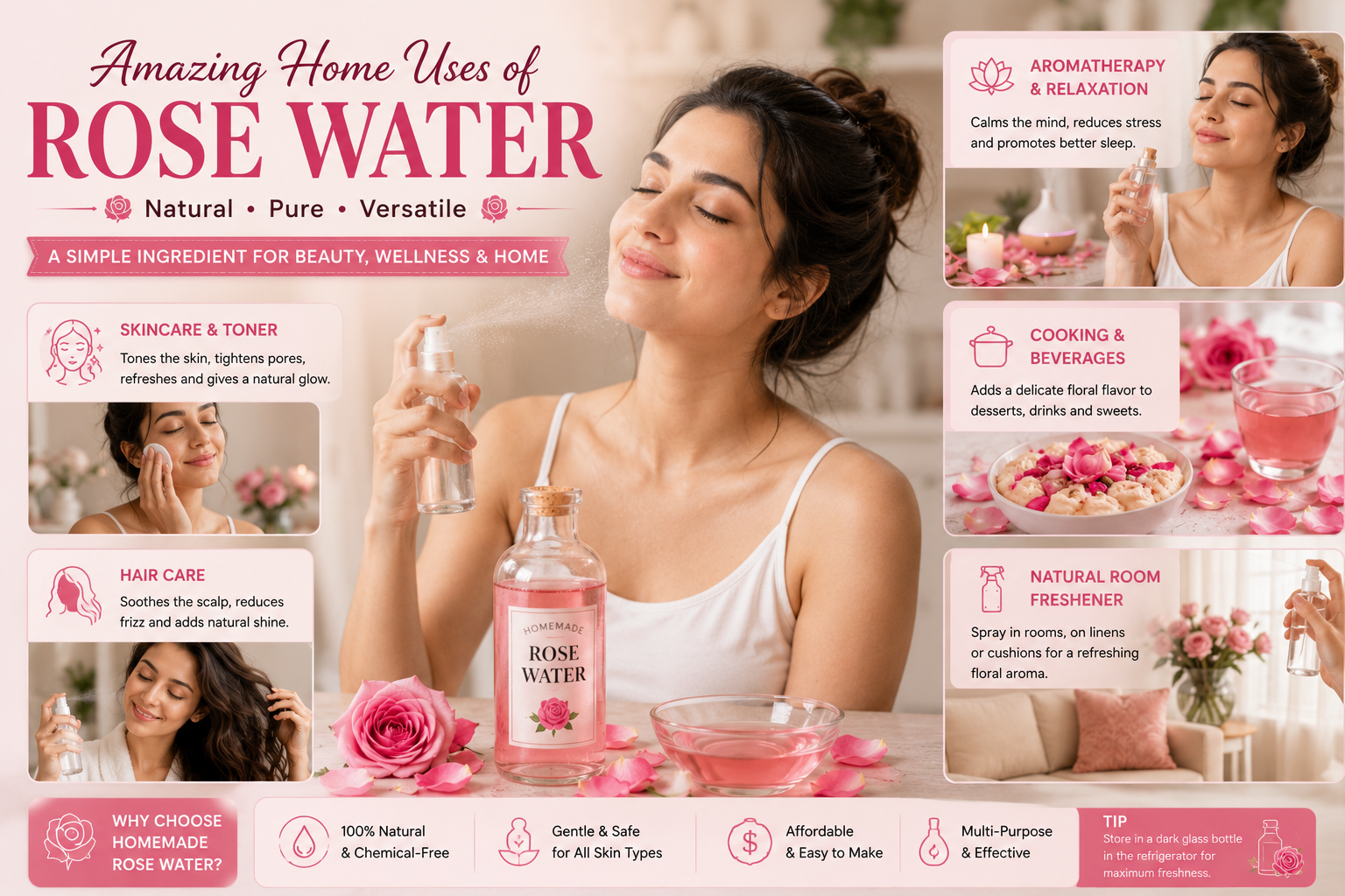 Woman using homemade rose water spray while infographic highlights skincare, hair care, aromatherapy, cooking, and home fragrance applications.
