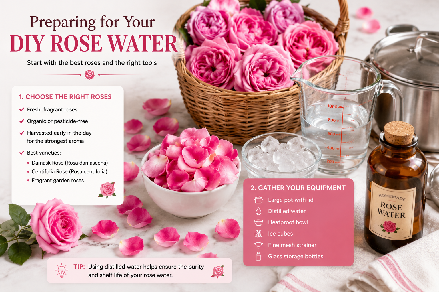 Fresh pink roses, rose petals, distilled water, pot, ice cubes, and glass bottles arranged for making homemade rose water.