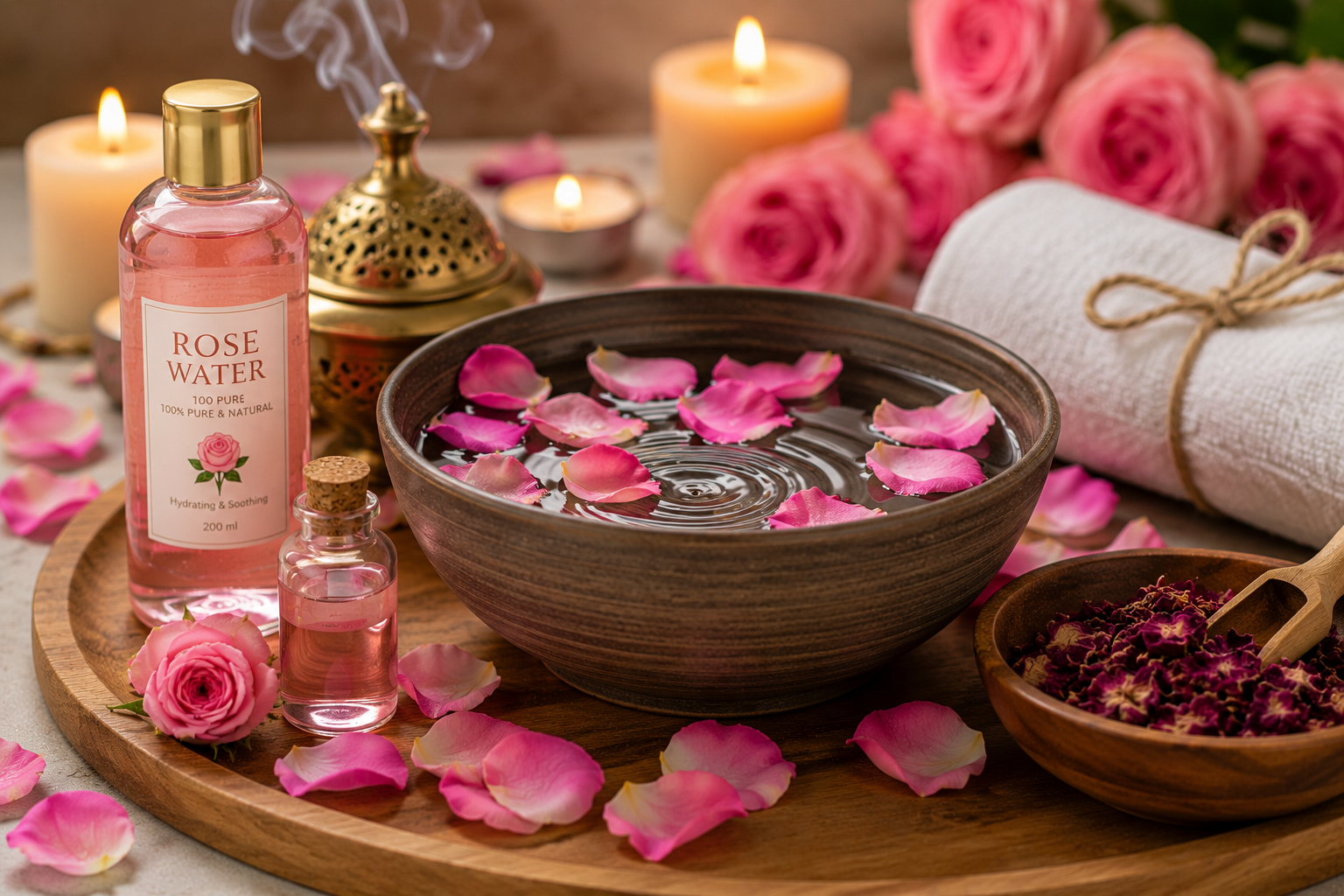 Rose water bottle, floating rose petals in a bowl, candles, and spa accessories arranged for aromatherapy.