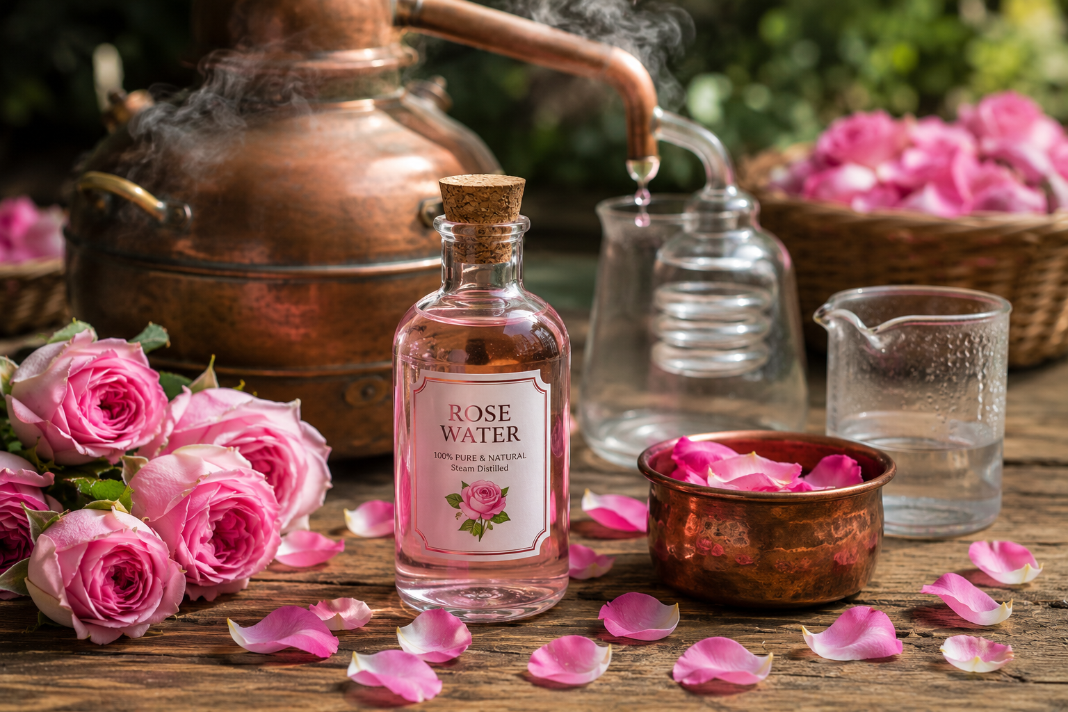 Rose water bottle with fresh rose petals and natural ingredients used in hair care treatments.
