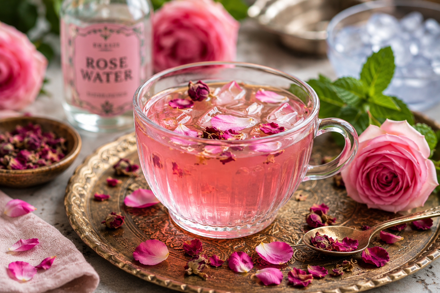 Glass cup of rose water beverage with rose petals, mint leaves, and decorative serving tray.