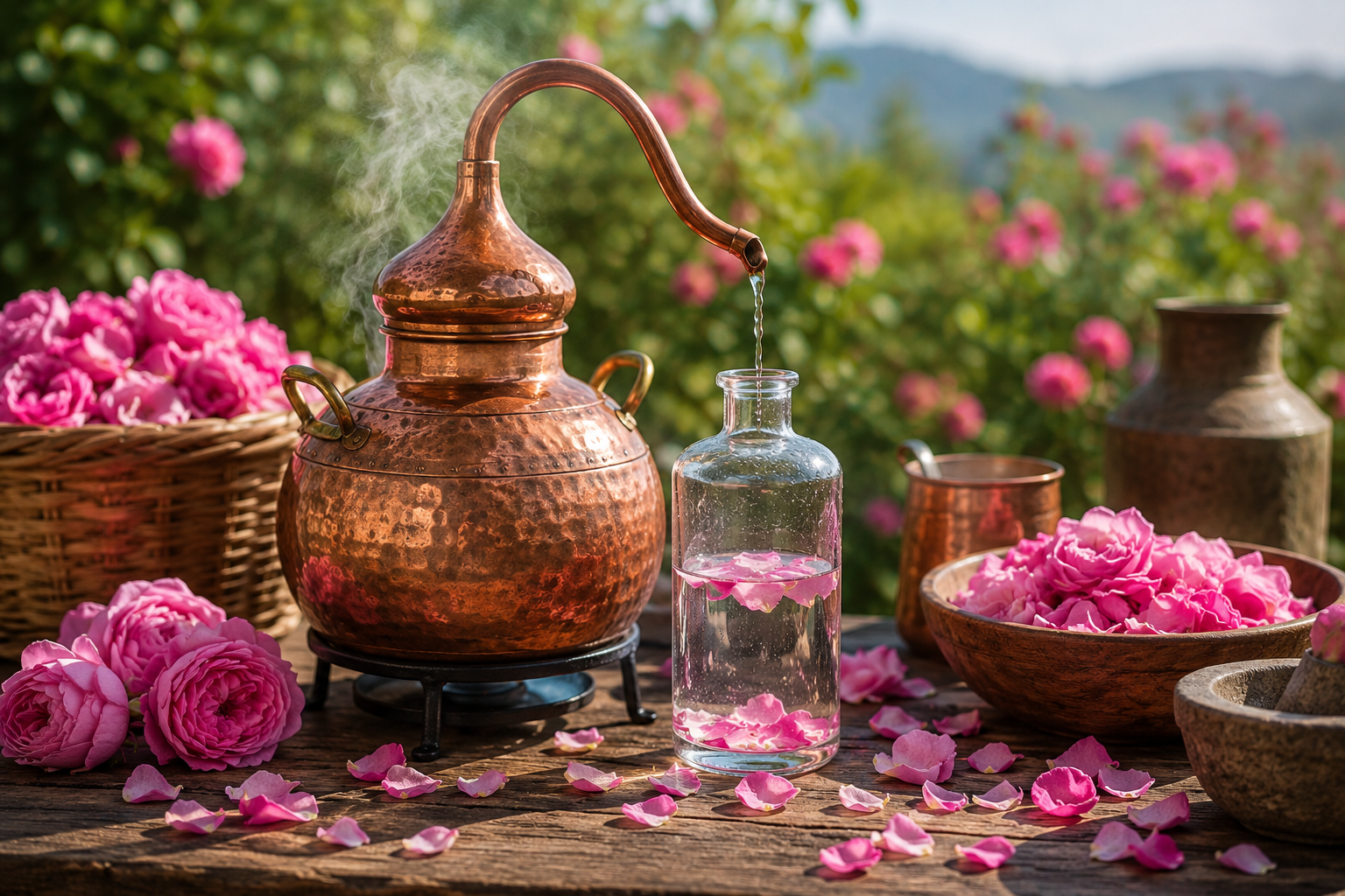 Traditional copper distillation equipment surrounded by fresh pink rose petals used to produce natural rose water.