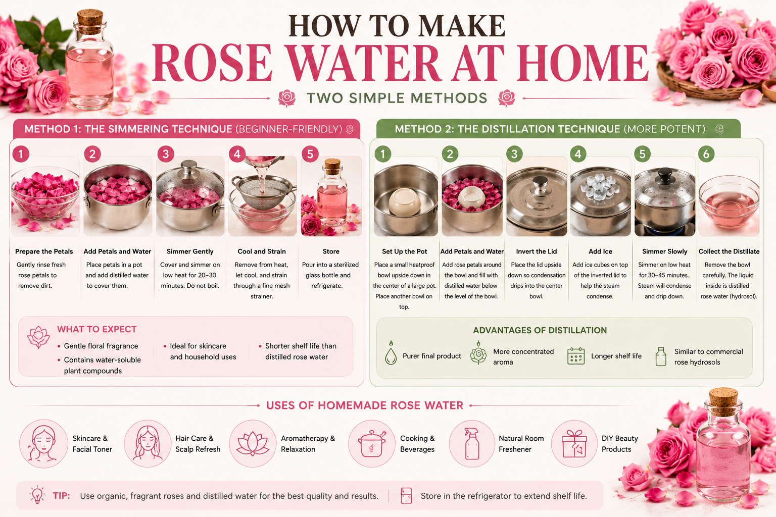 Infographic comparing the simmering and distillation methods for making homemade rose water using fresh rose petals and simple kitchen equipment.