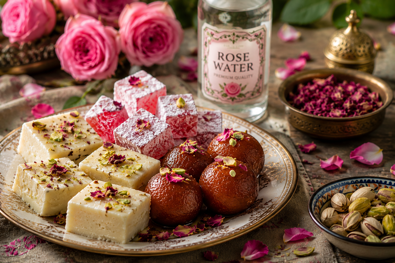 Assorted rose water-flavored desserts including gulab jamun, Turkish delight, and milk sweets garnished with rose petals and pistachios.